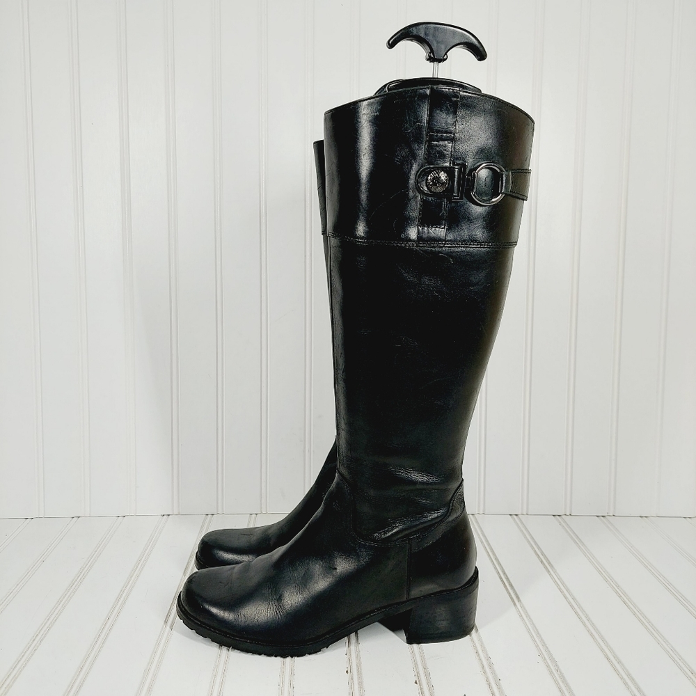 Anne Klein Evon Black Leather Slip On Block Heel Tall Winter Boots A890